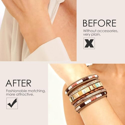 Leather Wrap Bracelets for Women, Boho Leopard Multi-Layer Crystal Beads Cuff Jewelry - color: J-Warp-034