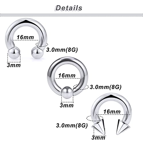 00G 0G 2G 4G 6G 8G 10G 12G 14G 16G Septum Rings Silver Black Surgical Steel Heavy Gauges Earrings Stretching kit Eyebrow Lip Septm Nose Rings Helix Tragus Daith Rook Earrings Hoops 10mm-19mm - color: Silver, size: 8G(3.0mm)-Inner Dia:16mm
