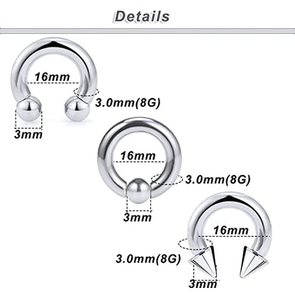 00G 0G 2G 4G 6G 8G 10G 12G 14G 16G Septum Rings Silver Black Surgical Steel Heavy Gauges Earrings Stretching kit Eyebrow Lip Septm Nose Rings Helix Tragus Daith Rook Earrings Hoops 10mm-19mm - color: Silver, size: 8G(3.0mm)-Inner Dia:16mm