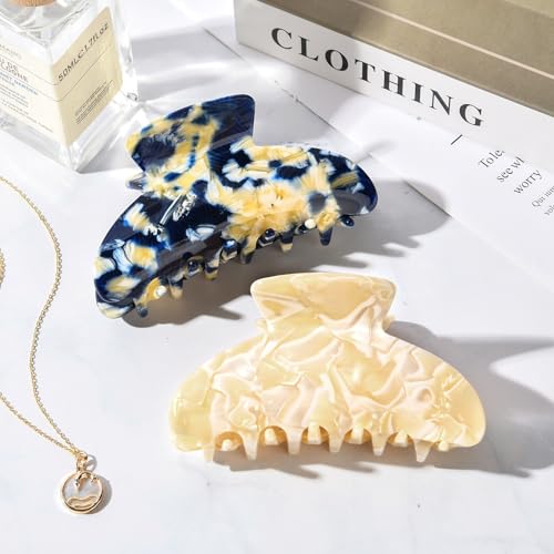 Aileam Acetate Hair Claw Clips for Women,Blue Beige hair clip French Design Strong Hold Non-Slip claw clips for Thick Hair, 2 Pack - color: Beige & Dusty Blue Blend