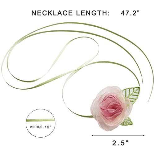 Black Choker Camellia Flower Lace-up Necklace For Women - color: Pink foliage flowers