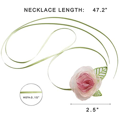 Black Choker Camellia Flower Lace-up Necklace For Women - color: Pink foliage flowers