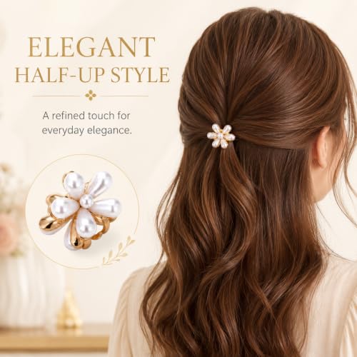 24 Pcs Gold Small Flower Hair Clips for Women Girls, Cute Mini Tiny Little Pearl Decorative Hair Claw Clips, Sparkling Metal Flower Sweet Hair Accessories