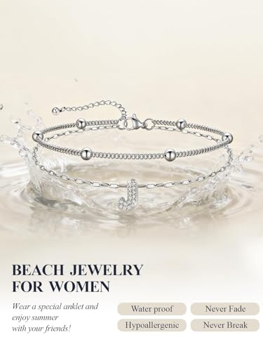 U7 Initial Ankle Bracelets for Women Silver/Gold Anklets Waterproof, 14K Gold Plated Layered Anklets Bracelet Stainless Steel Hypoallergenic 8.5"-10.5" - color: Silver-CZ, size: G
