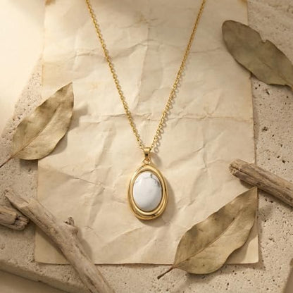 Colorful Natural Stone Necklaces for Women Trendy 14K Gold Plated Oval Gemstone Pendant Statement Necklace Jewelry Gifts for Women - color: White