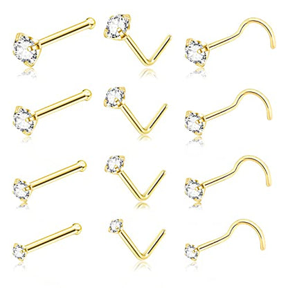 8PCS Titanium Nose Rings Stud, Gold Nose Ring for Women Men Hypoallergenic Nostril Hoops L Shape Nose Studs Corkscrew CZ Nose Piercing Jewelry Silver 18G & 20G Nose Ring Studs 2/2.5/3mm - style: Gold-12-three shape
