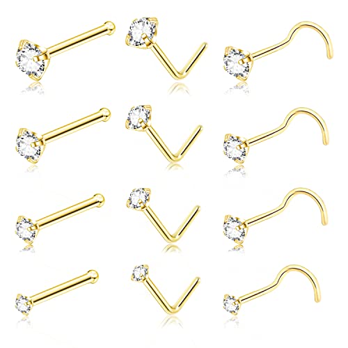 8PCS Titanium Nose Rings Stud, Gold Nose Ring for Women Men Hypoallergenic Nostril Hoops L Shape Nose Studs Corkscrew CZ Nose Piercing Jewelry Silver 18G & 20G Nose Ring Studs 2/2.5/3mm - style: Gold-12-three shape