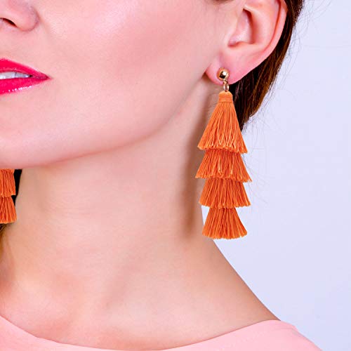 BaubleStar Bohemian Layered Tassel Drop Earrings for Women | Lightweight Statement Party Festival Jewelry - color: Russet Orange