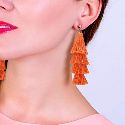 BaubleStar Bohemian Layered Tassel Drop Earrings for Women | Lightweight Statement Party Festival Jewelry - color: Russet Orange