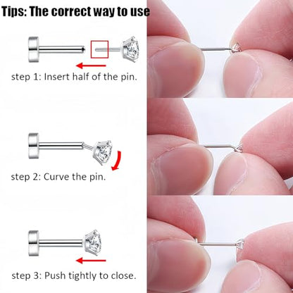 PunkTracker 16g/18g/20g Titanium Steel Threadless Flat Back Cartilage Earrings for Helix/Tragus/Conch/Daith/Earlobe - Nose Studs Lip Rings Labret Monroe Piercing Jewelry for Women Men 2PCS - style: 16g,silver,6mm bar,2mm gem