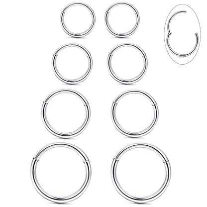 LOYALLOOK 8Pcs G23 Titanium Hinged Clicker Segment Nose Rings Hoop Septum Nose Lip Ring Hoop for Women Men Helix Cartilage Daith Tragus Sleeper Earrings Body Piercing Improved 16G - color: 18G-Silver