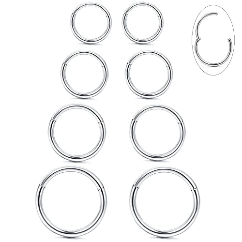 LOYALLOOK 8Pcs G23 Titanium Hinged Clicker Segment Nose Rings Hoop Septum Nose Lip Ring Hoop for Women Men Helix Cartilage Daith Tragus Sleeper Earrings Body Piercing Improved 16G - color: 16G-Silver