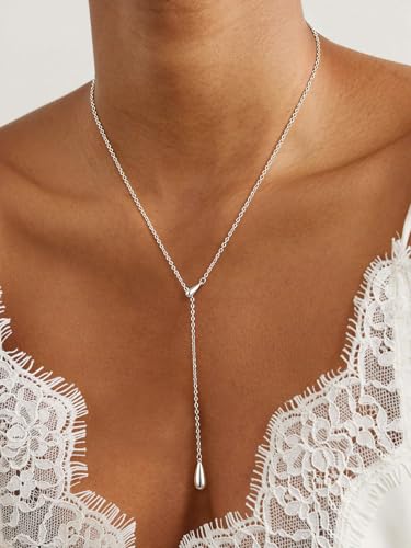 14K Gold Plated Layered Lariat Necklace for Women - Waterproof Non-Tarnish Dainty Gold Chain Necklace, Long Boho Statement Jewelry for Wedding, Prom, Summer Vacation Gifts - color: Drop Y Necklace-Silver