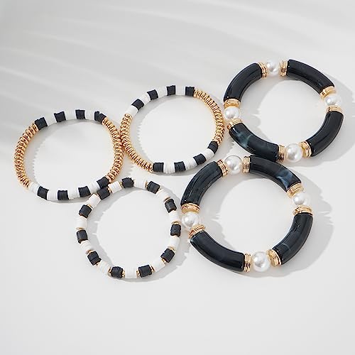GOOJIDS Simple Beaded Gold Plated Bangles Bracelet Chunky Bamboo Tube Curved Stacking Clear Acrylic Colorful Beads Stretchable Gold Plated Bracelets Set For Women - color: A-A2 Black Set