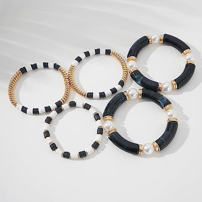 GOOJIDS Simple Beaded Gold Plated Bangles Bracelet Chunky Bamboo Tube Curved Stacking Clear Acrylic Colorful Beads Stretchable Gold Plated Bracelets Set For Women - color: A-A2 Black Set