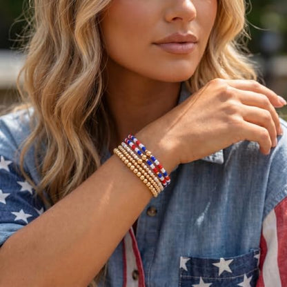 14K Gold Plated Beaded Bracelets Stack Set for Women,Stretch Boho Ball Jewelry Friendship Trendy - color: 4th of july
