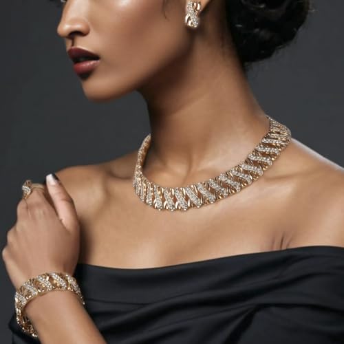Fashion Crystal Jewelry Set Gold Plated Jewelry Weddings Dubai Gold Necklace Earrings Set Gift - color: Crystal choker
