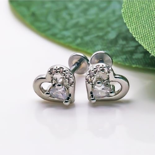 VERAMI 16G Surgical Steel Pushin Lip Rings Butterfly Flower Bee Nose Stud Rings Top Push in Threadless Flat Back Nose Rings Studs Cartilage Earrings for Womens - color: Silver-Double heart