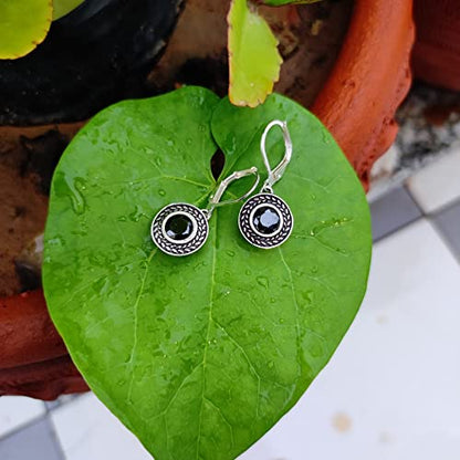 Handmade Sterling Silver Boho Crystal Dangle Leverback Earrings For Women - color: Silver, Black Stone