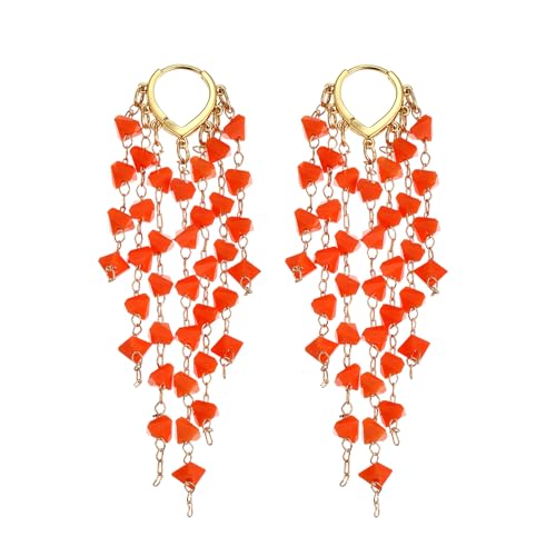 Fringe Hoop Dangle Earrings, Long Beads Tassel Chain Earrings for Women Sparkly Chandelier Earrings - color: Orange