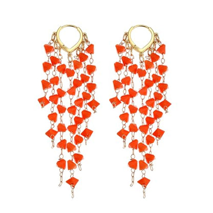 Fringe Hoop Dangle Earrings, Long Beads Tassel Chain Earrings for Women Sparkly Chandelier Earrings - color: Orange