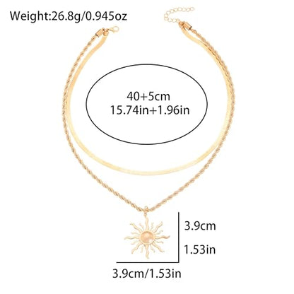 Sun Necklace for Women 14K Gold Silver Plated Layered Charm Necklace Double Chain Charm Pendant Necklaces Trendy Daily Wear Statement Jewelry Gift - color: Gold