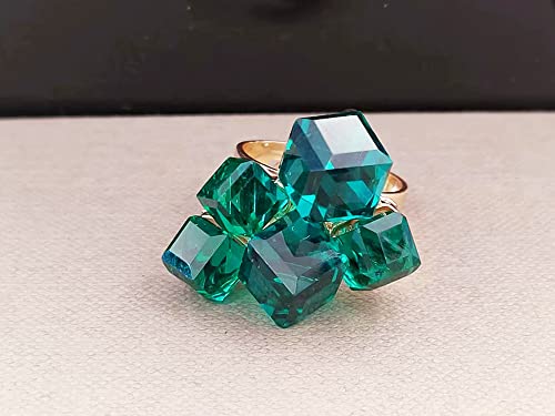 Hebelee Boho Square Crystal Statement Ring for Women Adjustable | Gold-Toned Expandable Promise Engagement Geometric Rings Comfort Fit Elegant Art Deco Christmas Cocktail Y2K Jewelry - color: Green