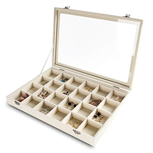 Frebeauty 24 Grid Jewelry Tray with Clear Lid, Velvet Earring Organizer | Drawer Jewelry Organizer for Rings Studs Brooch,Adjustable Divider,Dustproof Design,Earring Storage,Trinket Box,13.8×9.5Inch - color: Beige, size: 24 Slots