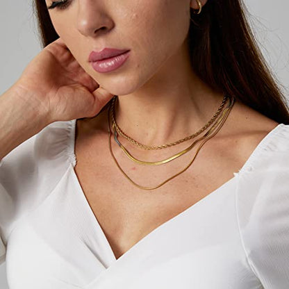 Herringbone Choker Necklace Set Double Layer Snake Chain Herringbone Chain Necklace Layering Necklace Set Cuban Chain Necklace for Women - style: 3Layered Snake+Rope-GD