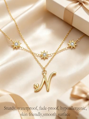 14K Gold A-Z Initial Lette Necklace Star Choker Women Necklace | Personalized Initial Jewelry, Meaningful Name Letter Gift for Women Wife Mom Friend, Perfect Present For Birthday/Anniversary - style: 14K Gold-N