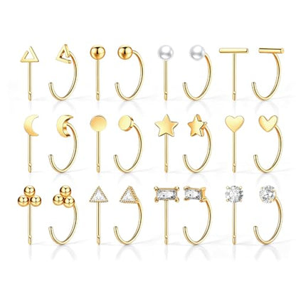 12 Pairs Half Hoops Earrings for Women Backless Earrings 14K Gold/Silver | Stay Close Open Hoop Huggie Earrings Hypoallergenic 316L Stainless Steel Poke Free Sleep in Trendy Jewelry Gift - style: 12G