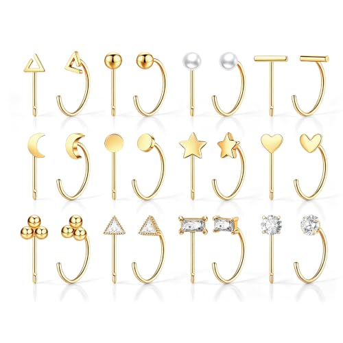 12 Pairs Half Hoops Earrings for Women Backless Earrings 14K Gold/Silver | Stay Close Open Hoop Huggie Earrings Hypoallergenic 316L Stainless Steel Poke Free Sleep in Trendy Jewelry Gift - style: 12G