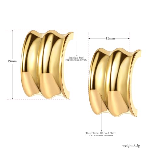 Women's Gold Plated Stainless Steel Triple Band Geometric C-Hoop Stud Earrings