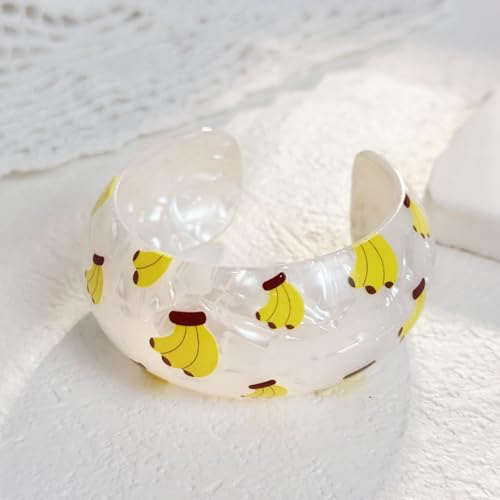 Chunky Fruit Acrylic Cuff Bangle Bracelet for Women, Colorful Strawberry Banana Cherry Watermelon Resin Acetate Wide Open Statement Jewelry Geometric Wristband Bracelets Summer Beach Jewelry - style: Banana