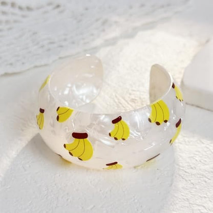 Chunky Fruit Acrylic Cuff Bangle Bracelet for Women, Colorful Strawberry Banana Cherry Watermelon Resin Acetate Wide Open Statement Jewelry Geometric Wristband Bracelets Summer Beach Jewelry - style: Banana