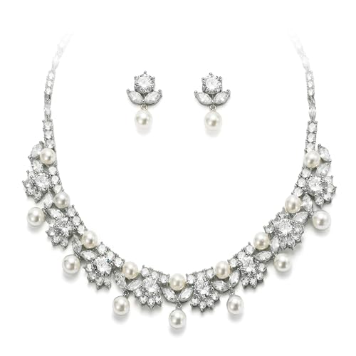 EVER FAITH Wedding Jewelry for Bride, Gorgeous Cubic Zirconia Faux Pearl Elegant Flower Bridal Prom Choker Necklace Stud Earrings Sets for Women - color: White Gold Plated