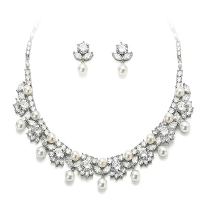 EVER FAITH Wedding Jewelry for Bride, Gorgeous Cubic Zirconia Faux Pearl Elegant Flower Bridal Prom Choker Necklace Stud Earrings Sets for Women - color: White Gold Plated