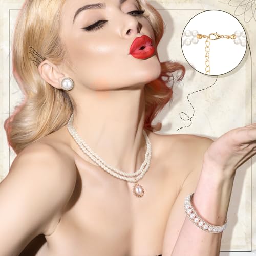 Glenmal Pearl Rhinestone Jewelry Set for Women Pearl Necklace Bracelet Earrings for Wedding Halloween Bridal Shower Tea Party - style: Delicate Style