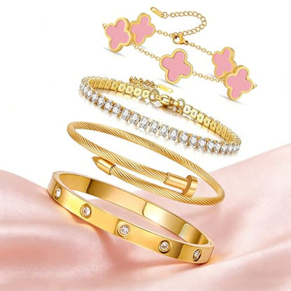 Gold Bracelets for Women, 18K Gold Plated Women Tennis Bracelets Clover Nail Love Bangle Bracelet Set, Gold Bracelet Stackable Set Trendy Jewelry, Gifts for Women's Day and Mother's Day - color: 08-Color-4 Pink