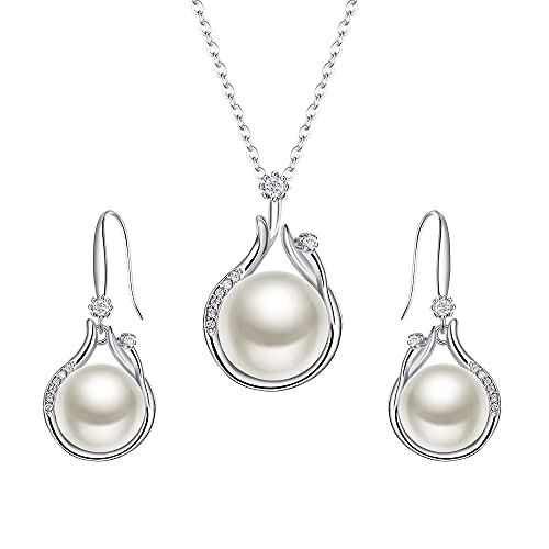 EleQueen 925 Sterling Silver CZ Freshwater Cultured Pearls Bridal Pendant Necklace Earrings Wedding Jewelry Sets, Valentine's Day/Mother's Day/Christmas Gift - style: Pearl Necklace Drop Earrings