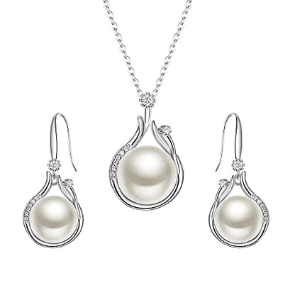EleQueen 925 Sterling Silver CZ Freshwater Cultured Pearls Bridal Pendant Necklace Earrings Wedding Jewelry Sets, Valentine's Day/Mother's Day/Christmas Gift - style: Pearl Necklace Drop Earrings