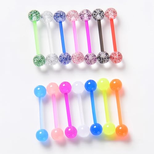 FORUBUS Colorful Tongue Rings Nipple Rings for Women Body Piercing Jewelry 14G 16mm Pierced Barbells Body Jewelry 50Pcs/30Pcs/20Pcs Pack - color: E-16pcs glow