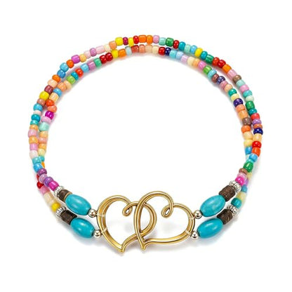 Ankle Bracelets for Women Waterproof Elastic Anklets | Boho Layered Beaded Ankle Bracelet Double Heart Colorful Anklet Summer Beach Jewelry Accessories - style: Colour Gold Style