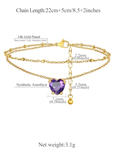 FindChic Bling Heart Birthstone Anklets Layered Beaded Ankle Bracelets for Women Gold/Black/Silver 12 Month Gem Colors Foot Chain Summer Jewelry for Girls, with Gift Box - color: Gold, style: 02. Feb.-Created Amethyst(Prong Setting)