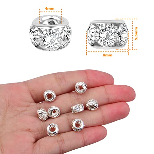 BronaGrand 40 Pieces 8mm Large Hole Rhinestone Beads Crystal Rondelle Spacer Beads Loose Charm Beads for European Bracelet DIY Jewelry Making, Silver - color: Silver, size: 8MM