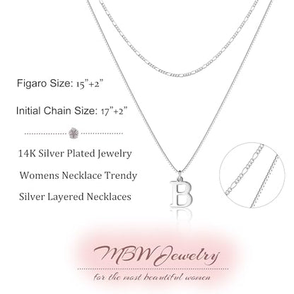 MBW Dainty Silver Layered Initial A-Z Pendant Necklaces for Women Thin | Simple Waterproof 925 Silver Plated Necklace Figaro Choker Monogram Name Jewelry Set Personalized - color: Silver InitIal NK-B