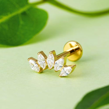 FINE4U 1PC ASTM F136 Titanium 16G Flatback Stud for Tragus, Helix, Conch 6mm 8mm - Screw on Cartilage Earring Piercing Jewelry - color: Five Marquise - Clear CZ - Gold