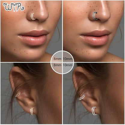G23 Titanium Conch Piercing Jewelry Hoop: 16G 8mm/10mm/12mm Diamond Cartilage Earring Helix Double Piercing Hoop Septum Rings Hypoallergenic Nose Rings Hinged Segment Clicker Lip Rings Rook Daith Tragus Earrings - color: Gold-Double Layers, Two Rows CZ