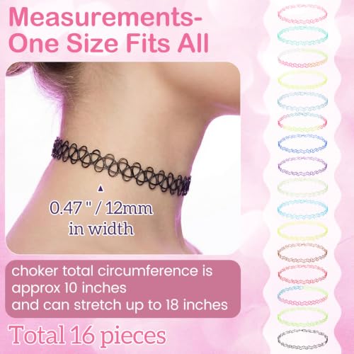 PAGOW Tattoo Choker Set, Stretchy 90s Choker Necklace, Adjustable Retro Y2K Gothic Grunge Chokers Jewelry Accessories - color: 16 Colors,16 Pcs