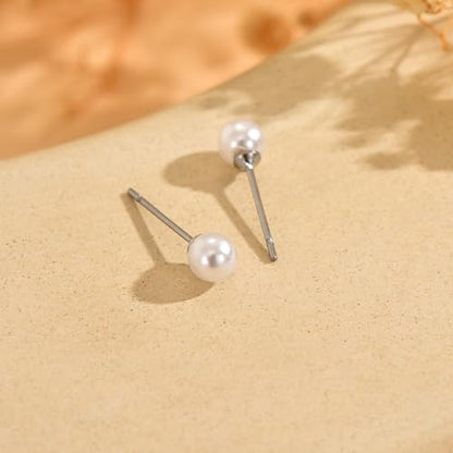 Pearl Stud Earrings for Women Gold/Silver Plated 3mm 4mm 5mm 6mm 8mm Pearl Earrings Dainty Hypoallergenic Earrings - color: White Gold, size: 5 Millimeters